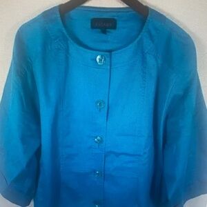 Escada Jacket Womens 44 Teal Collarless 3/4 Sleeve Button Front Boxy Cropped